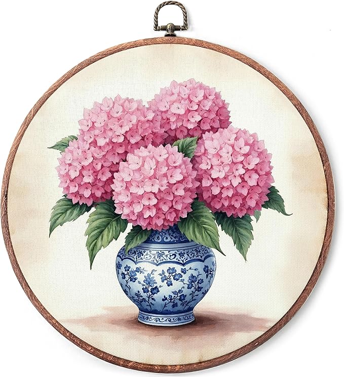 Threegoat Chinoiserie Spring Floral Framed Round Wall Art,Blue and White Hydrangea Flowers Wall Art Decor for Bedroom,Vintage Wall Hanging Decor for Grand Millenial Grandmillennial Home - A06