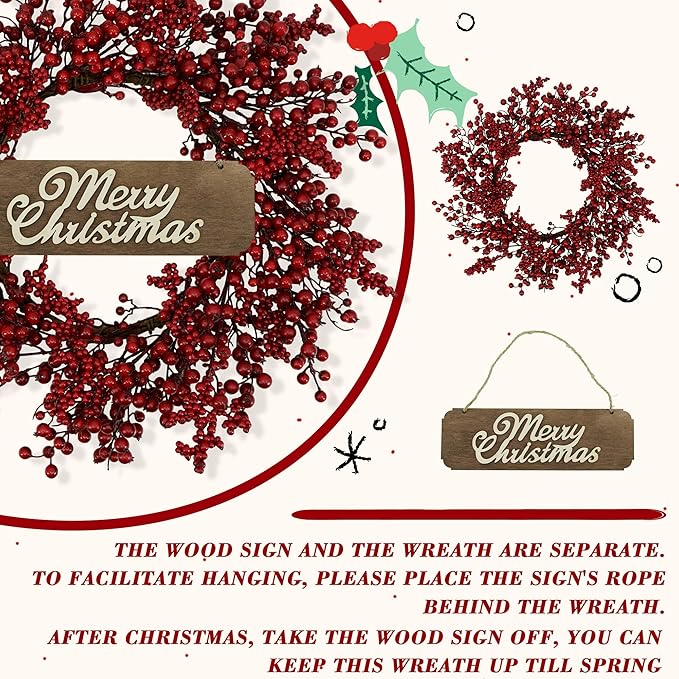 YNYLCHMX 20 Inch Christmas Wreath for Front Door, Winter Wreath with Welcome Sign Red Berries, Artificial Door Xmas Wreaths for Window Wall Fireplace Farmhouse Holiday Party Decoration