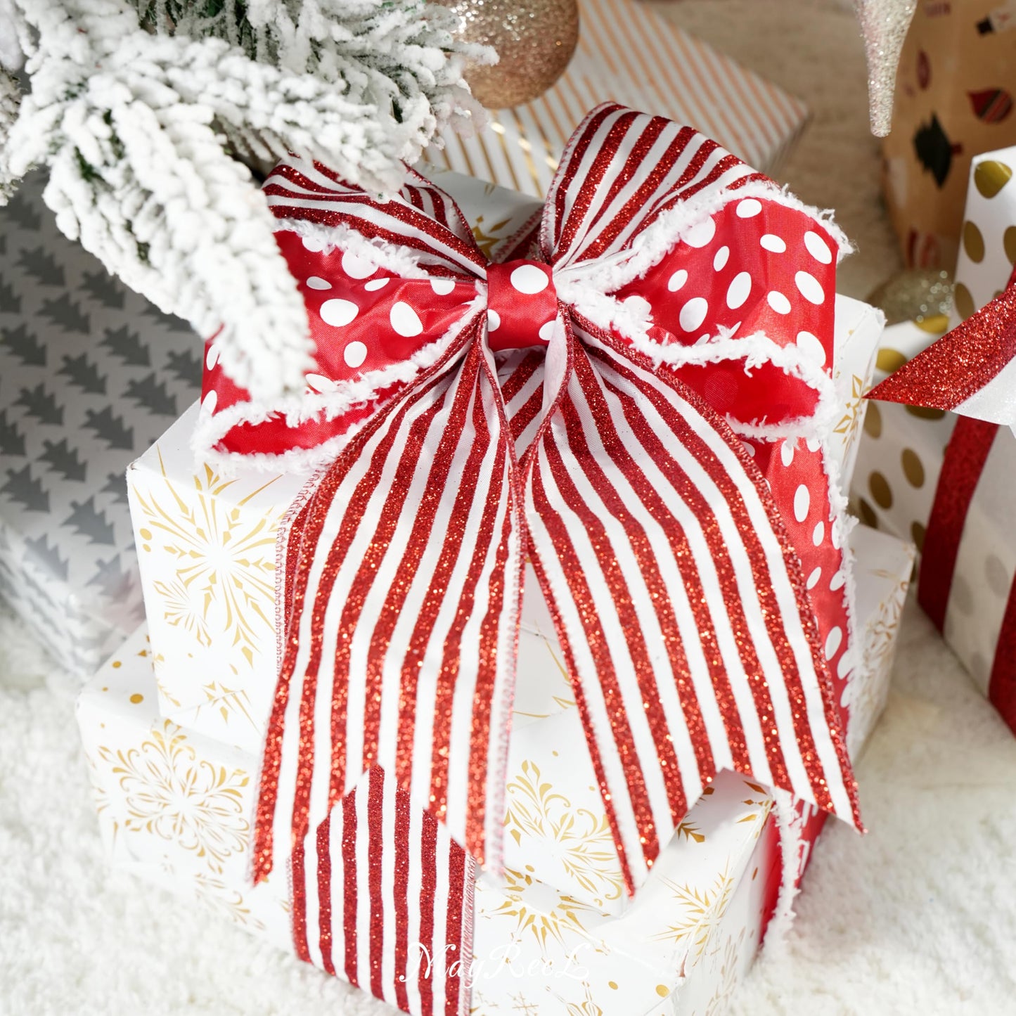 MAYREEL 2.5 Inch Red and White Christmas Ribbon Wired Candy Cane for Christmas Trees Wreaths Tree Toppers Crafts Home Decor Gift Wrapping 6 Rolls Total 36 Yards