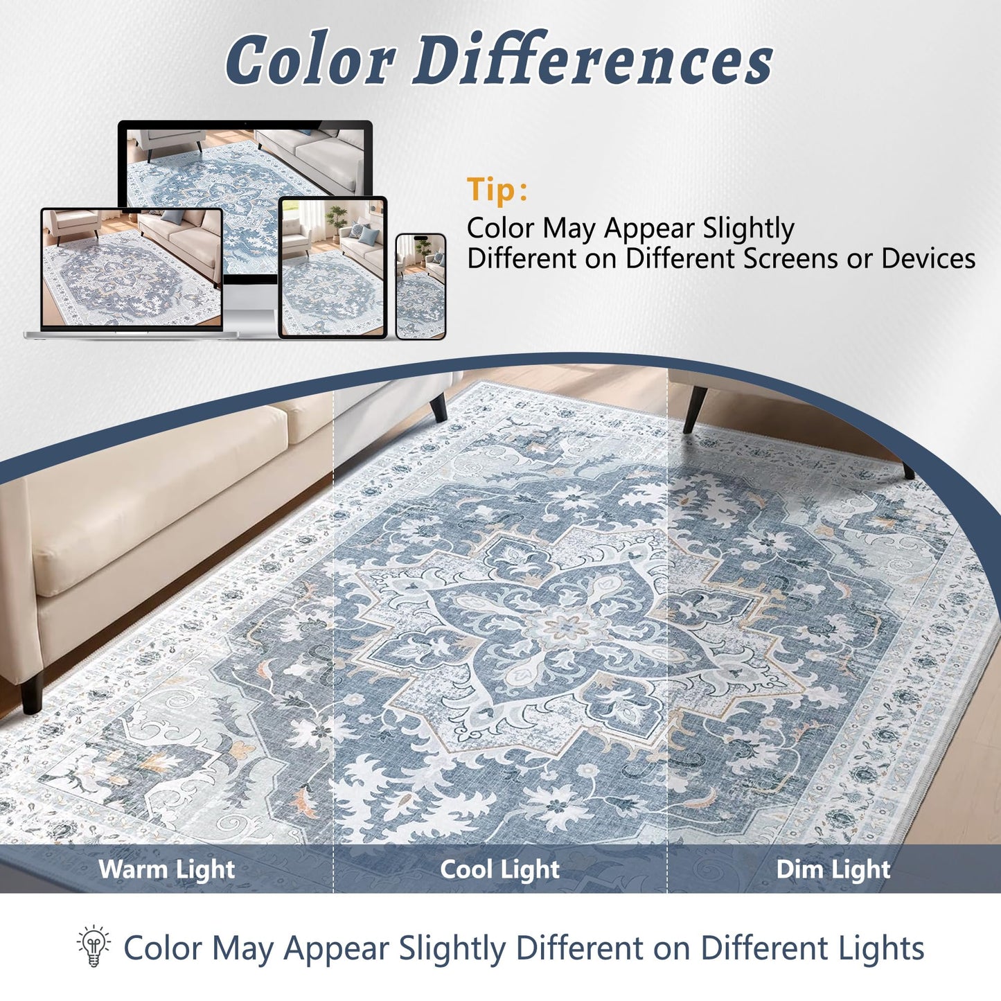 TTelephant 3x5 Washable Rug, Vintage Medallion Small Carpet for Living Room and Bedroom, Low Pile Indoor Entryway Rug with Non-Slip Silicone Backing, Non-Shedding, Blue/Gray