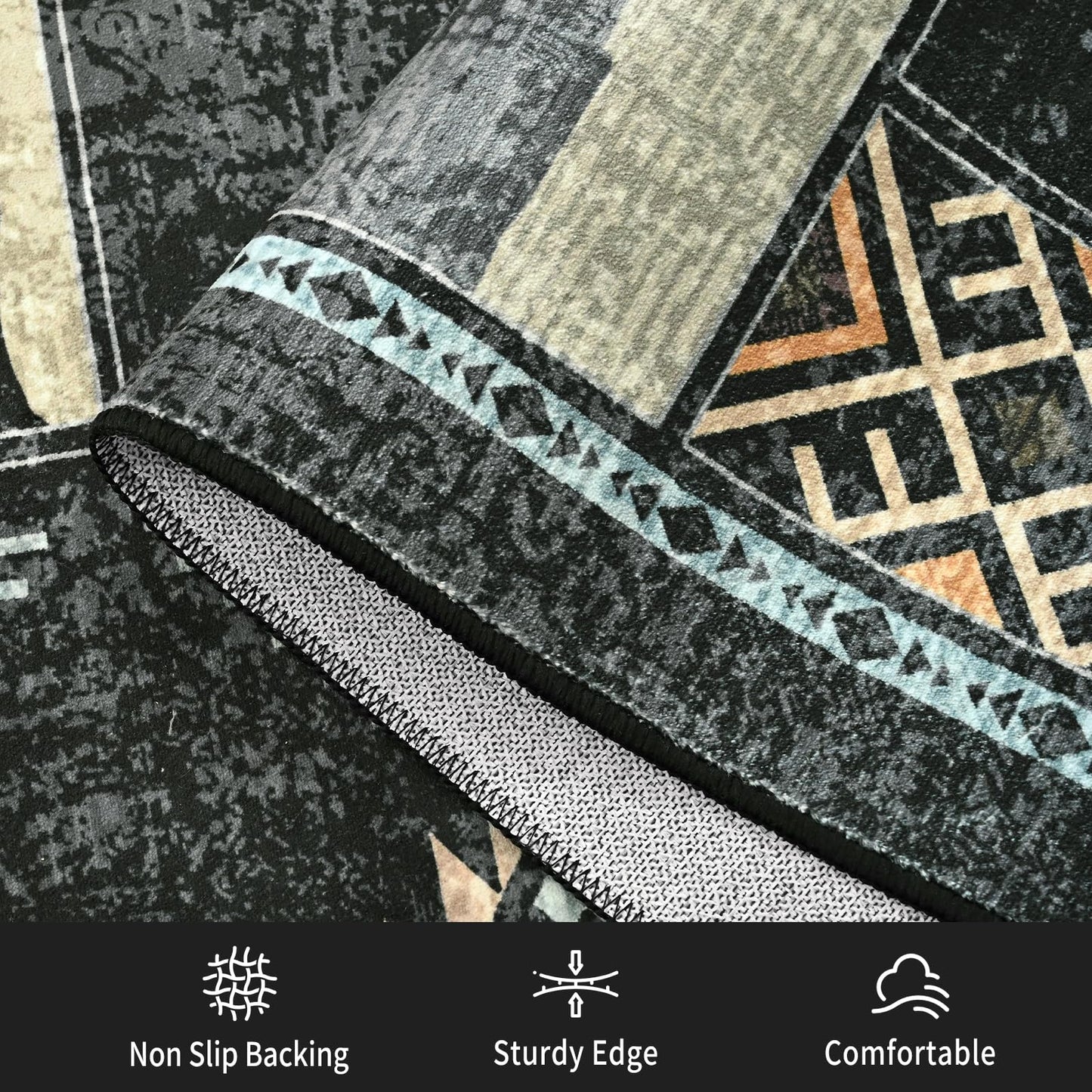 HOMORE Rustic Cabin Living Room Rug 5x7, Washable Southwestern Area Rug Geometric Carpet with Bear Print, Western Rugs for Bedroom Dining Room,Black