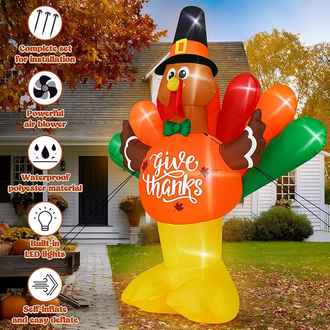 14FT Thanksgiving Inflatables Turkey, Giant Blow Up Turkey with Colorful Tail, Lighted Thanksgiving Outdoor Decorations Give Thanks Turkey Pumpkin for Fall Autumn Harvest Holiday Yard Decor
