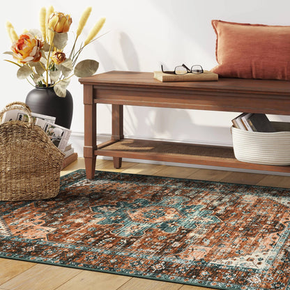 Moynesa Ultra-Thin Washable Vintage Area Rug - 3x5 Boho Non-Slip Entryway Rug Oriental Medallion Living Room Rug Entrance Mat Carpet for Kitchen Laundry Bathroom Bedroom, Brick Red/Dull Teal