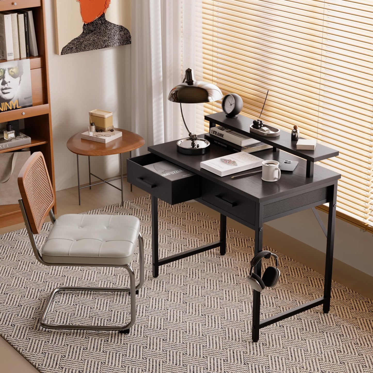 Pamray 32 Inch Small Computer Desk with Monitor Stand Home Office Desks with 2 Drawers for Bedroom Study Writing and Work Table for Small Spaces Black