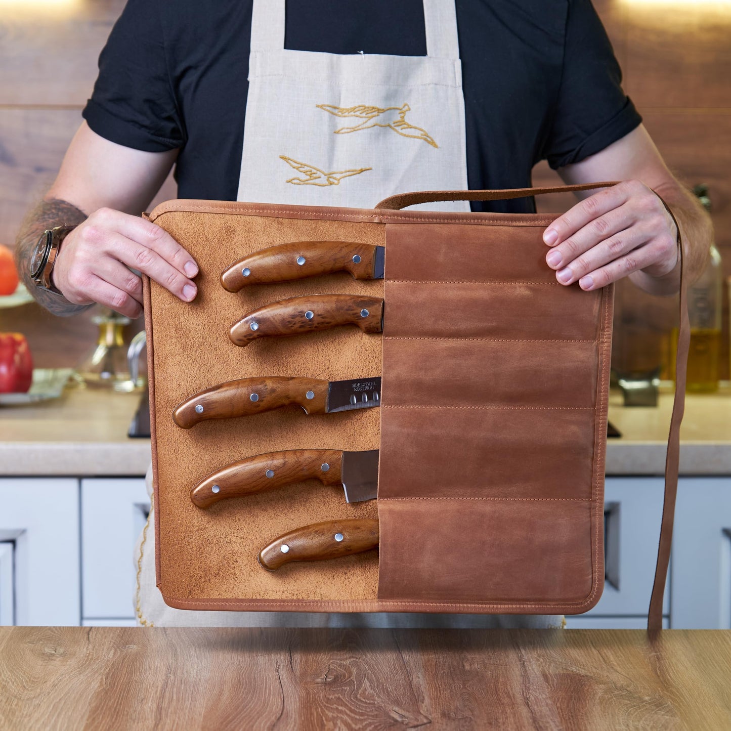 OMBUO Professional's Leather Knife Roll Bag, Leather Knife Roll For Chef, Caramel Brown