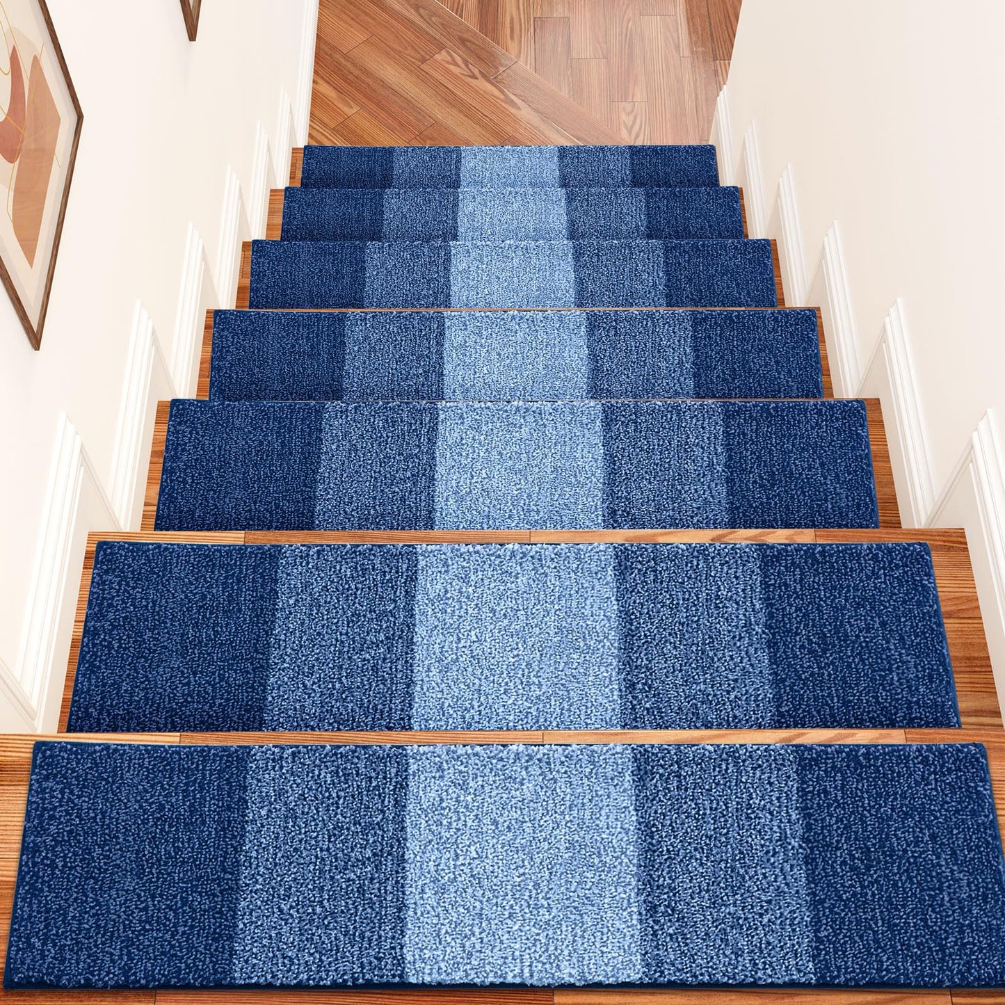 OLANLY Stair Treads Non Slip 15PCS, 8" x 30" Indoor Stair Runners for Wooden Steps, Edging Stair Rugs with Reusable Peel and Stick Adhesive for Kids Elders and Pets, Navy
