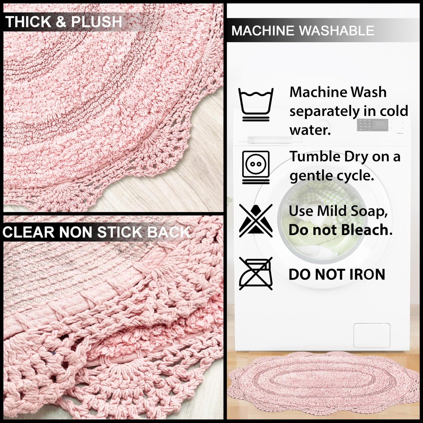 Chardin home Pink Crochet Bathrug,100% Cotton Semicircle bathmat with artisanally Handcrafted Crochet Border, 20x32 Inch D Shape, Perfect for Half Baths, Powder Rooms, bathrooms