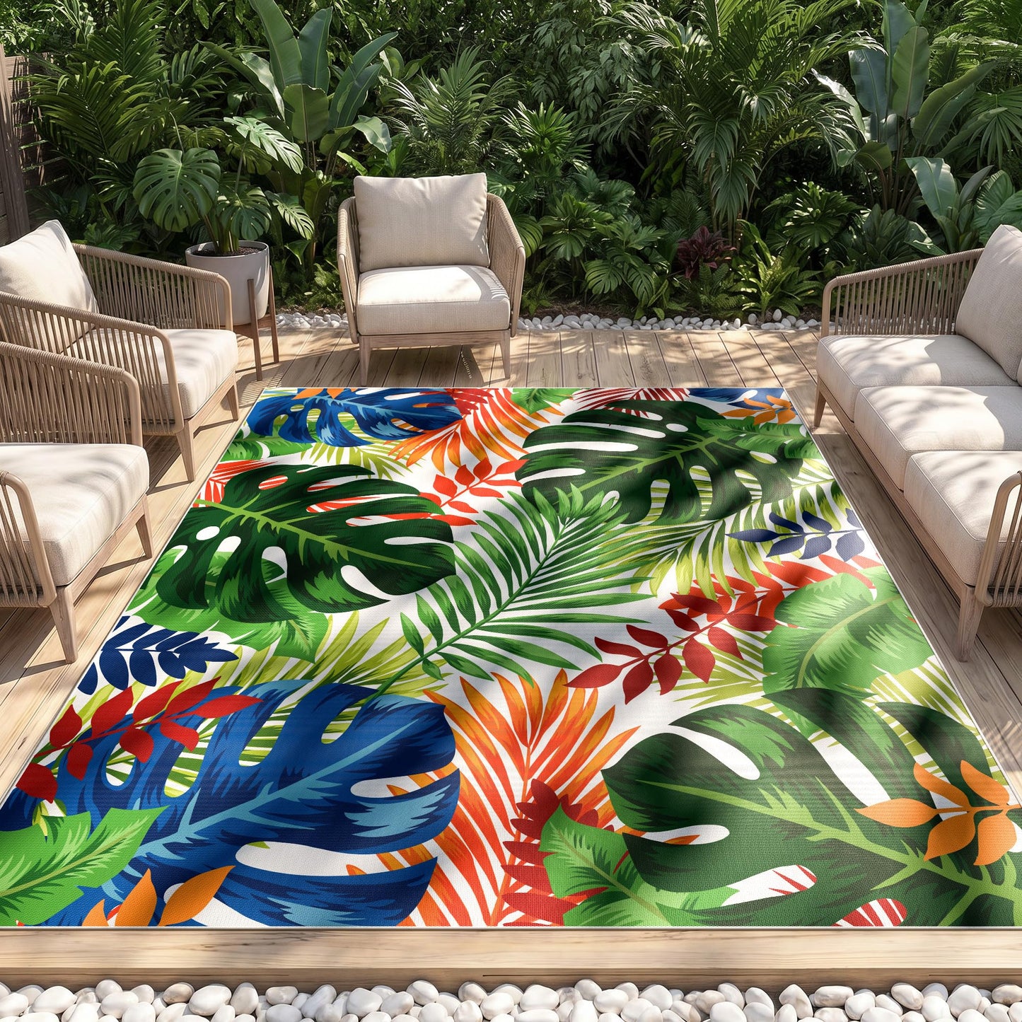 Arenarug 8x10 Monstera Tropical Outdoor Rug – Waterproof Non-Slip Machine Washable Patio Rug, UV & Stain Resistant Outdoor Carpet for Patio Deck Balcony Backyard, Colorful