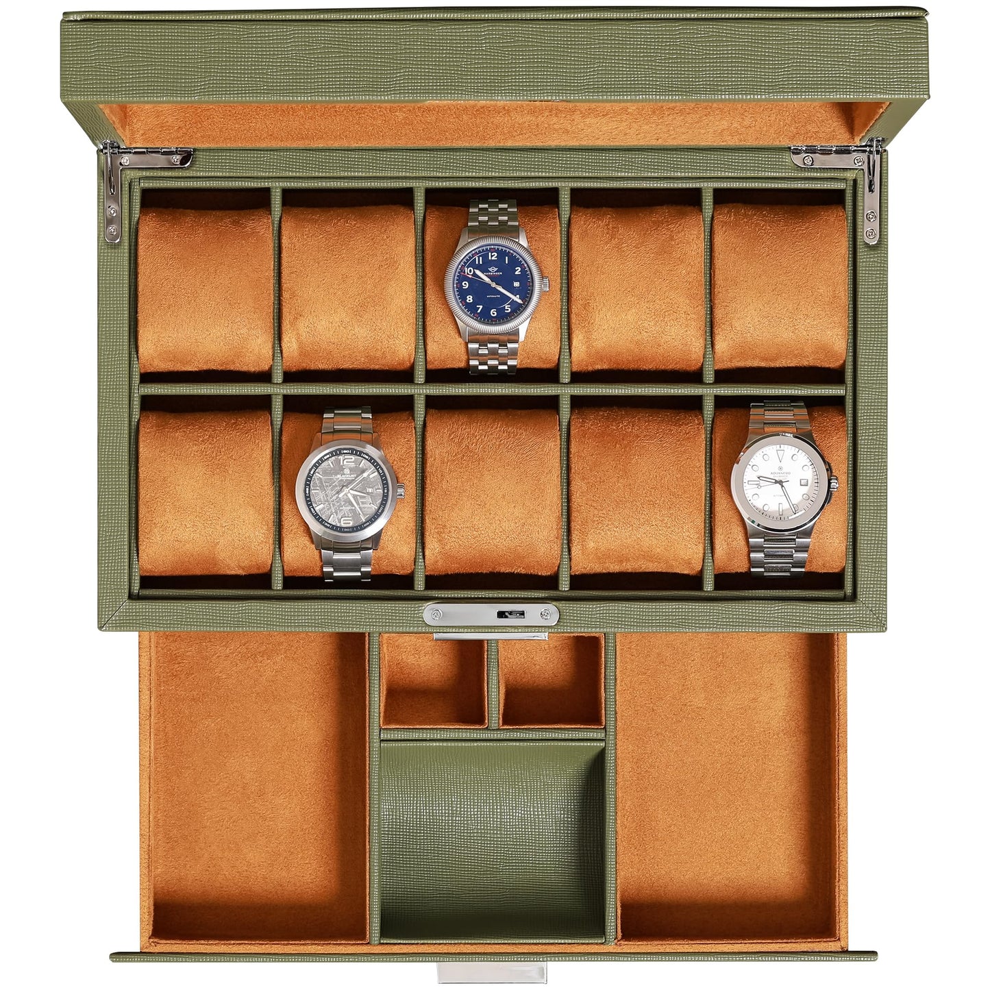 ROTHWELL 10-Slot Watch Box in Leather with Valet Drawer, Luxury Watch Case Display Organizer with Ultra Soft Microsuede Liner, Jewelry and Sunglass Holder With Large Glass top (Green/Tan)