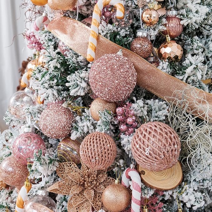 6pcs 3.94" Christmas Ball Ornaments Glitter Shatterproof Christmas Tree Ornaments Sequin Xmas Hanging Balls Decorations for Wedding Party Holiday(Rose Gold, 6pc-10cm)