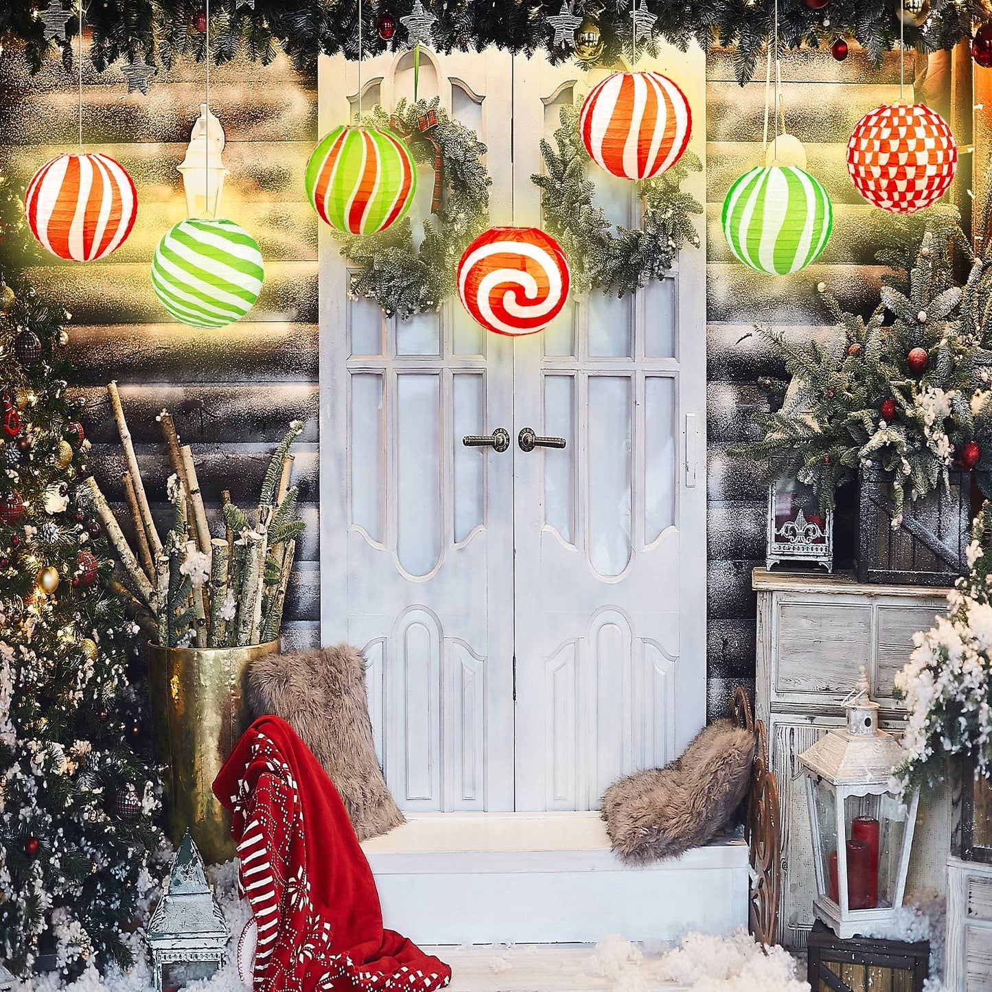 Panelee 12 Pcs Christmas Peppermint Paper Lanterns 8 Inch Red Green White Candy Canes Hanging Round Paper Lanterns Holiday Xmas Party Decorations for Home Classroom Ceiling