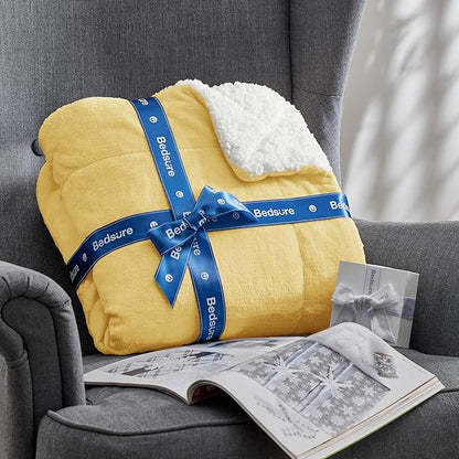 Bedsure GentleSoft Sherpa Fleece Throw Blanket Twin Size for Couch - Thick and Warm, Soft Fuzzy Plush Twin Blanket for Winter, Yellow, 60x80 Inches