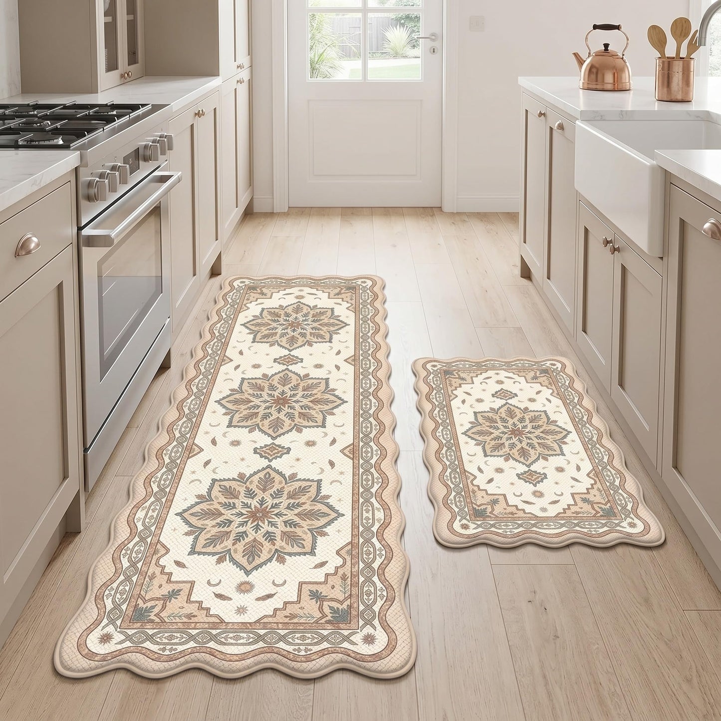 Cosovia Anti Fatigue Kitchen Mats Set of 2, Boho Mandala Scalloped Rug