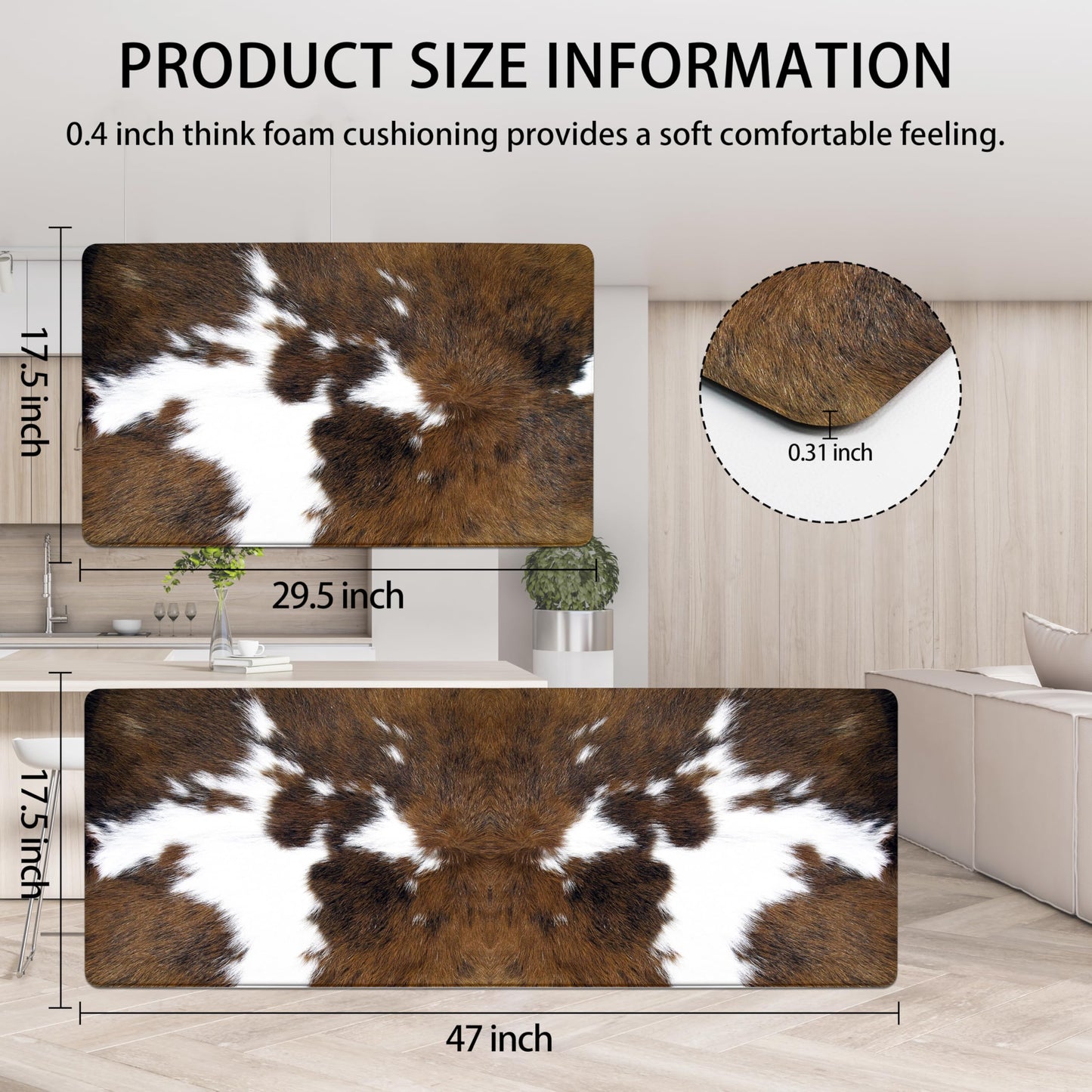 Western Cowhide Kitchen Rugs Set of 2 Black Brown Cow Print Rugs Anti Fatigue Mats for Floor Non Skid Waterproof Comfort Standing Runner Mat for Sink Laundry Office (Brown, 17.5"x29.5"+17.5"x47")