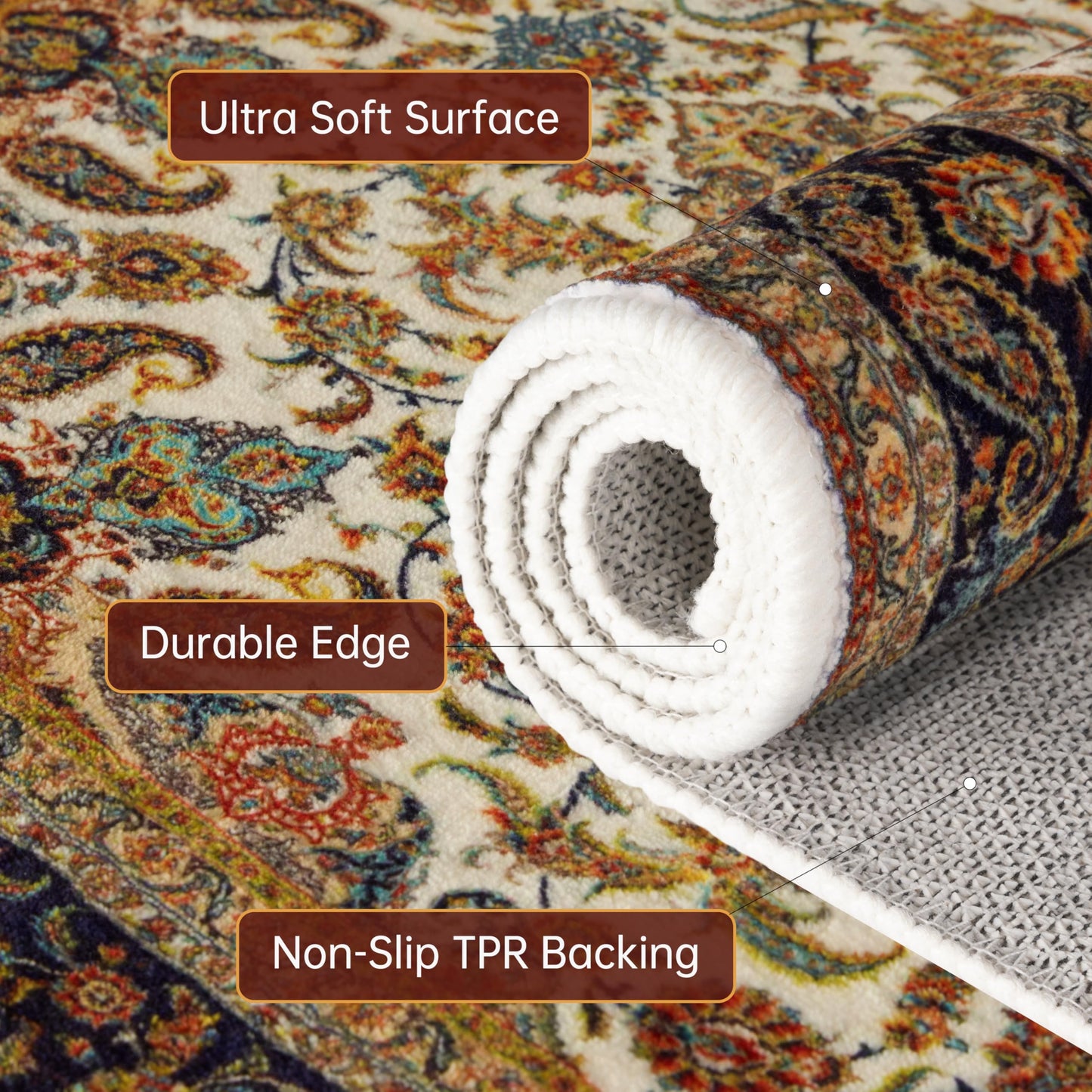 watthourhome Washable Area Rug 4'x6' Boho Low Pile Non-Slip Carpet for Living Room Bedroom Dining Room, Stain Resistant Soft Indoor Rug for Office Home Decor,Orange
