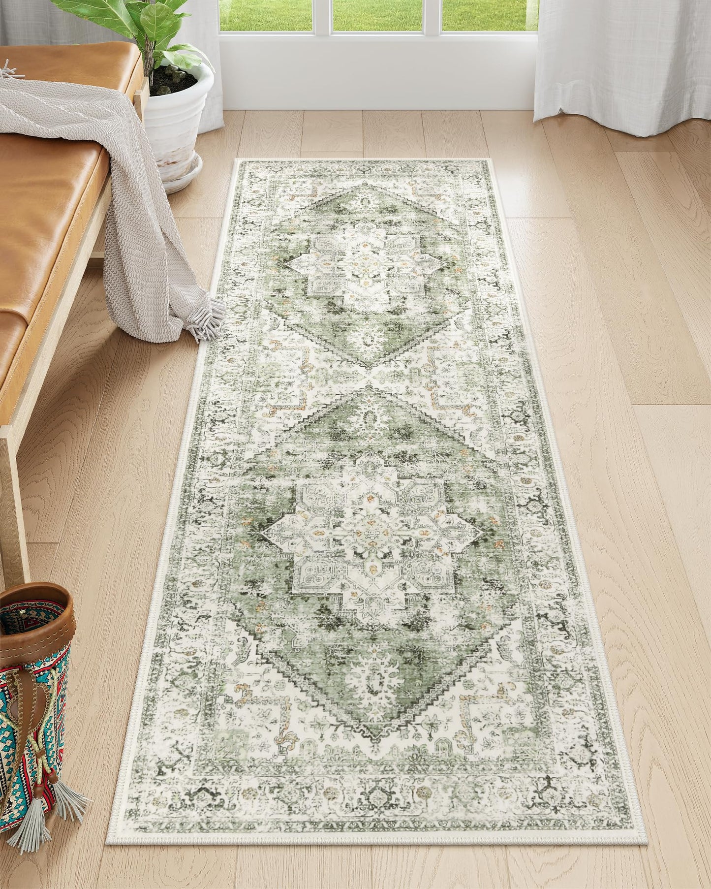 LIVEBOX Washable Runner 2x6 - Vintage Tribal Kitchen Rug, Long Entryway, Low-Pile for Bedroom, Non-Skid Soft Carpet Throw for Bathroom Laundry Room Hallway Sage