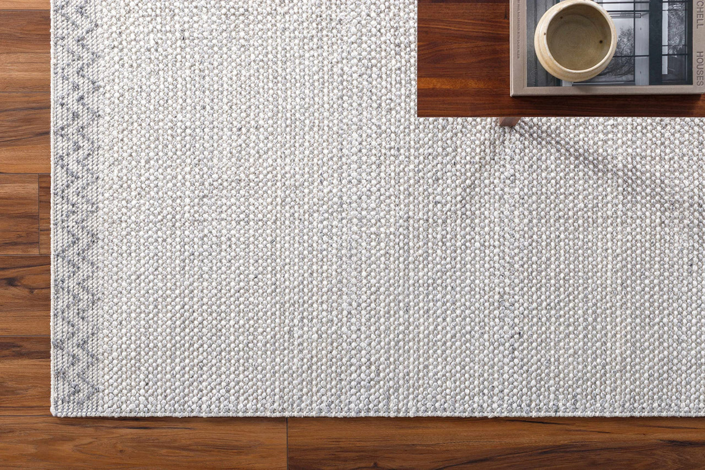 Hauteloom Fadia Recycled Material Area Rug - Border Chevron Zig Zag Plain - Contemporary Modern Minimalist Farmhouse Scandinavian - Light Gray, Cloud Gray, Eggplant, Cream, Beige - 2' x 3'