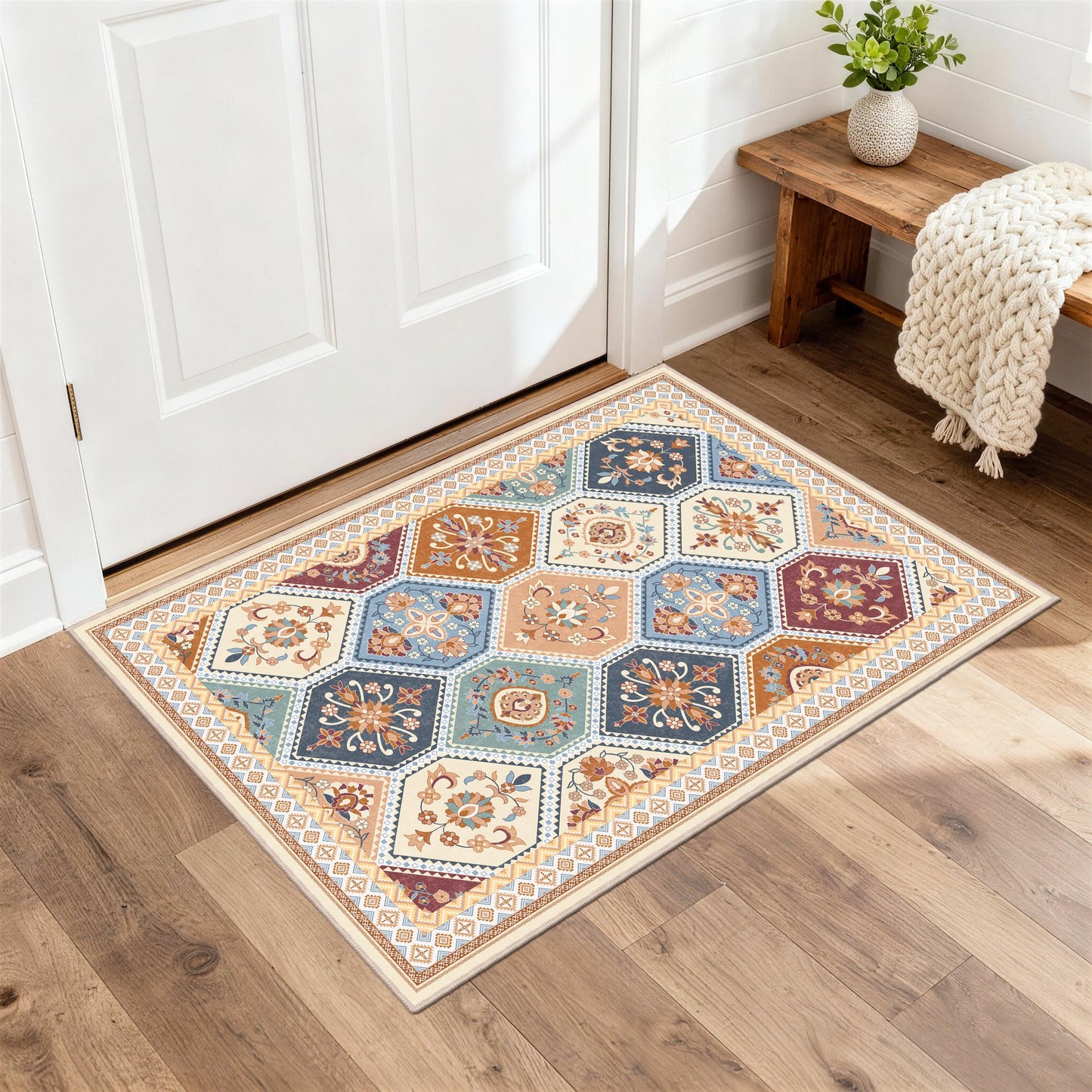 TTelephant 2x3 Washable Entryway Rugs, Soft Non-Slip Boho Moroccan Rug, Low-Pile Printed Indoor Throw Rugs for Entrance, Kitchen, Bedroom Bedside- Multi