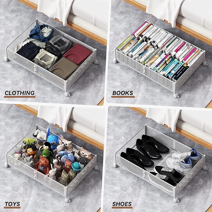 PHINOX Under Bed Storage, Under the Bed Storage Containers with Wheels, Under Bed Shoe Storage Organizer Drawer for Bedroom Clothes Shoes Blankets -4Pack