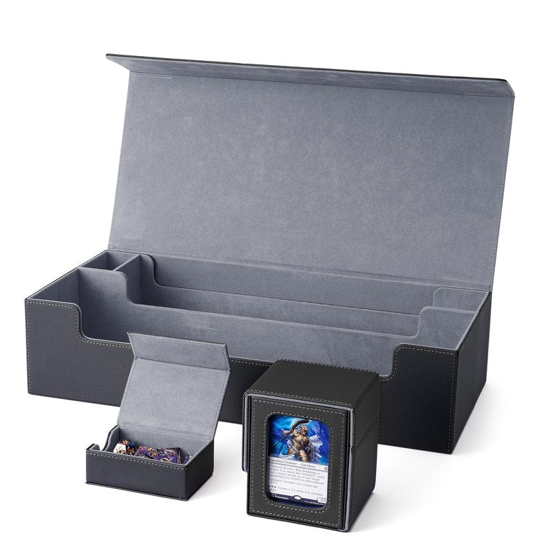 Venssu MTG Deck Box Holds 5 Display Card Deck Boxes with Playmat and Dice Box,Includes 10 colorful dividers and 1 card supporter, Trading Card Storage Box For Magic Game Cards (Black and Grey)