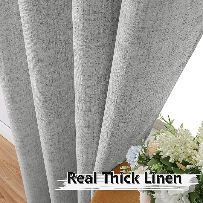 Tollpiz Linen Curtain Bedroom Rod Pocket Semi Sheer Curtains Burlap Light Filtering Thick Linen Drape for Living Room, 54 x 63 inches Long, Silver Grey, Set of 2 Panels