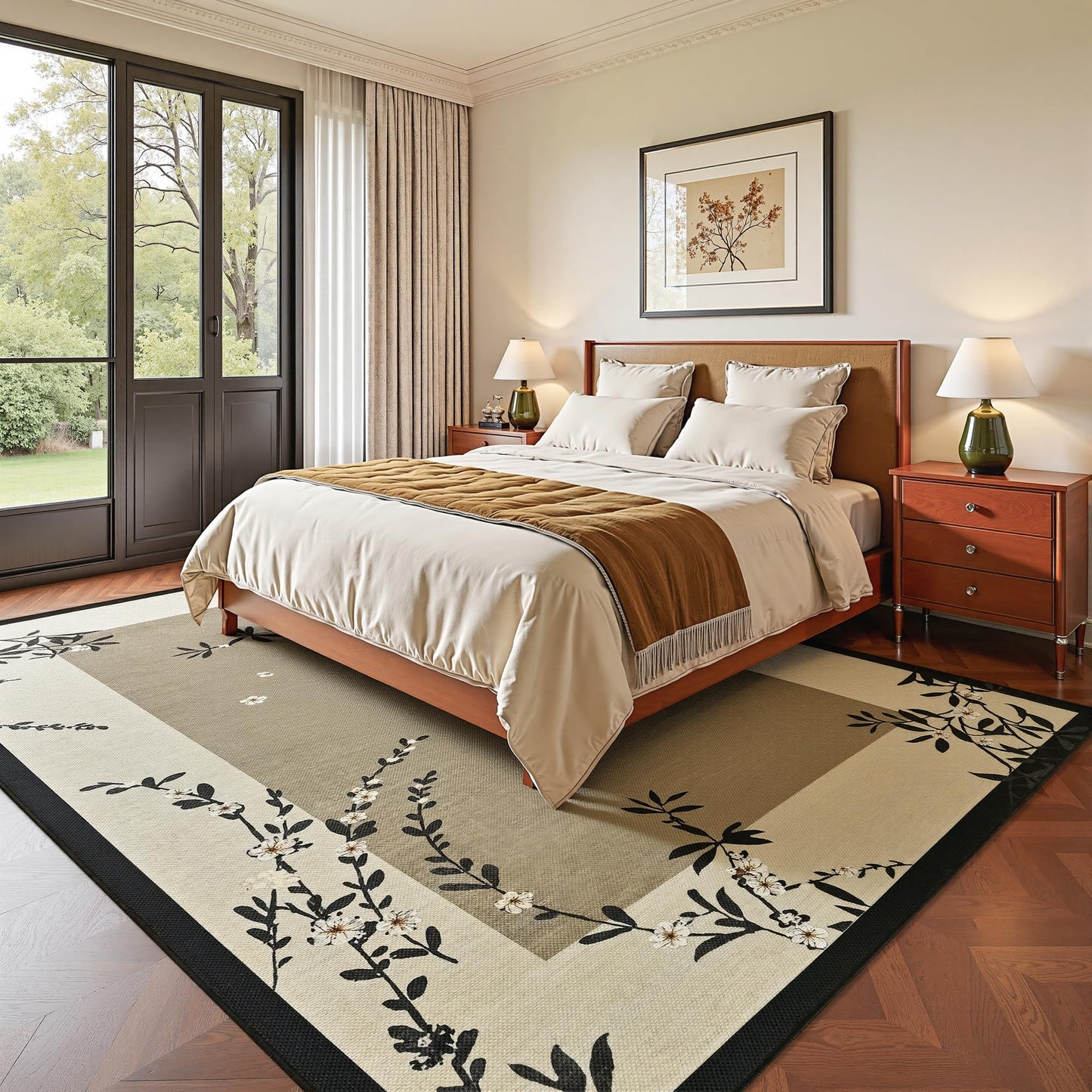 FALARK Easy Jute 4x6 Outdoor Patio Rug, Washable Rugs for Entryway Indoor Living Room Carpet, Oriental Brown Cherry Blossom Branch Neutral Non Slip Thin Door Carpet for Backyard Bedroom Kitchen