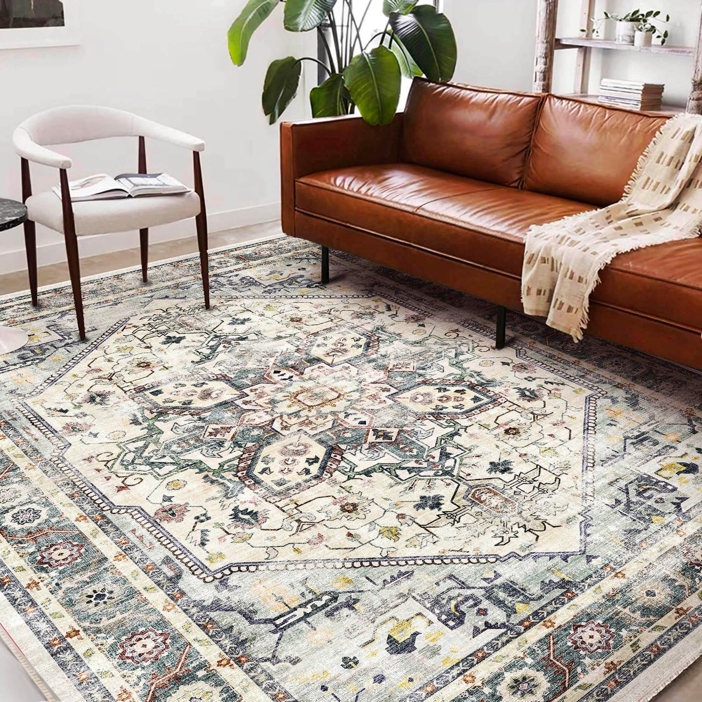 CHAMPLANT Washable Area Rug 10'x14' Cyan Khaki Retro Flowers Boho Design Non-Shedding Easy Care Ideal for High Traffic Areas in Living Room Bedroom Office Coffee Table Kitchen Large Carpet