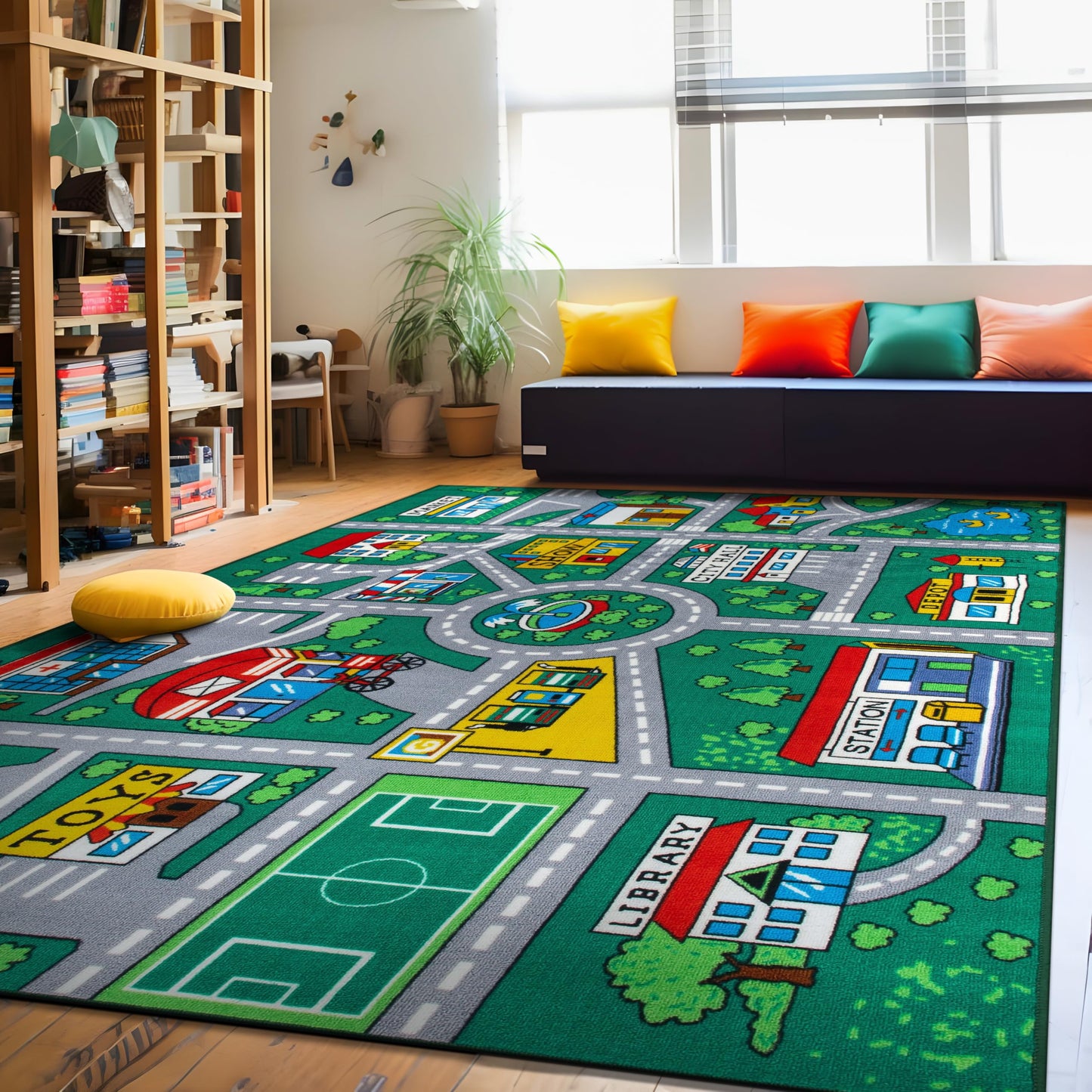 Rugshop Kids Playmat Road Traffic Educational High Traffic Living Room,Bedroom,Kitchen, Home Office Non Slip Area Rug 7'10" x 10' Green