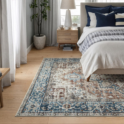 Bloom Rugs Caria Washable Non-Slip 4x6 Rug - Terracotta/Blue Traditional Area Rug for Living Room, Bedroom, Dining Room, and Kitchen - Exact Size: 4' x 6'