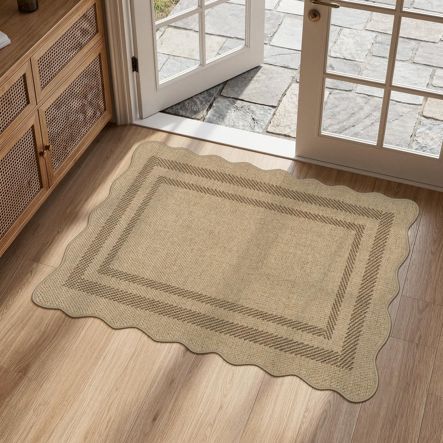 LIVEBOX Scalloped Easy Jute Kitchen Rug, 2x3 Front Door Mat Indoor Outdoor Small Entryway Rug, Washable Non Slip Farmhouse Area Rug, Tan Neutral Modern Carpet Outdoor Doormat for Porch Doorway Foyer