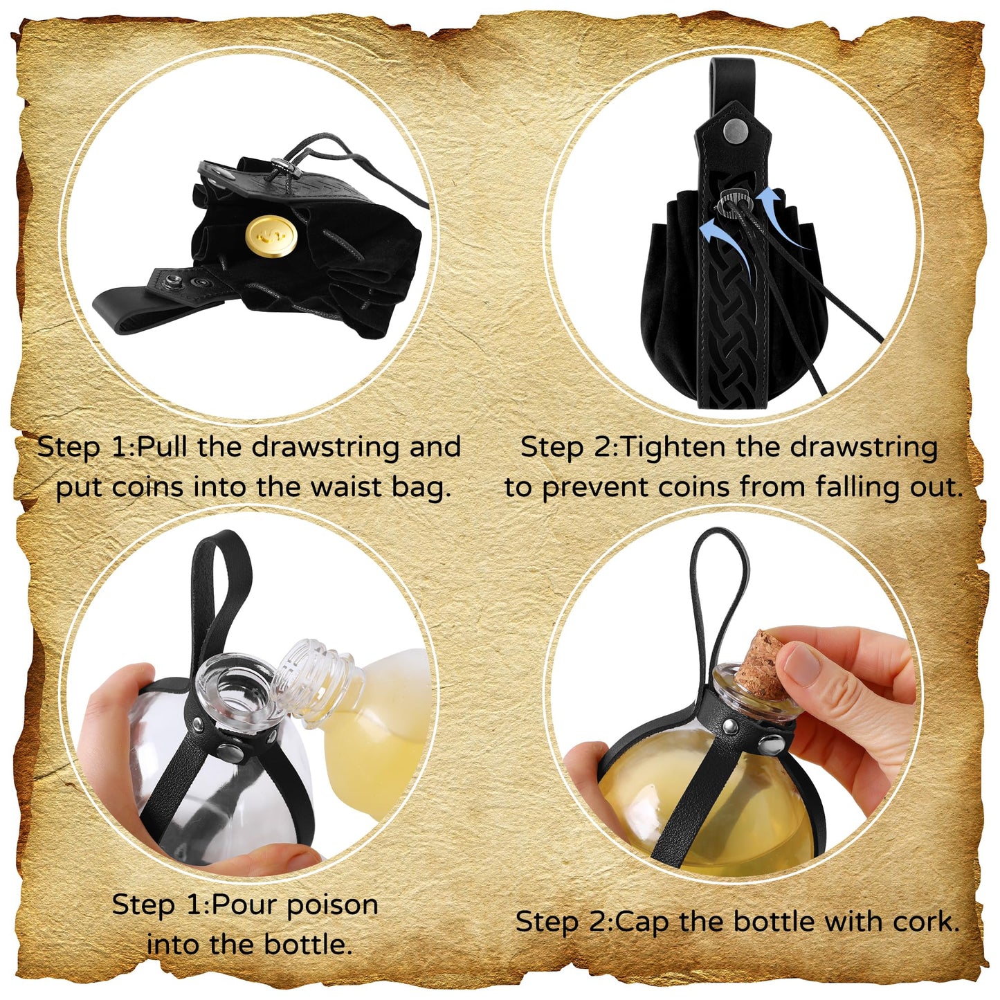 WooHand Renaissance Accessories Medieval Viking Belt Pirate Faux Leather Belt Pouch Potion Bottles Skirt Hikes Ren Faire Accessories for Women Men Black