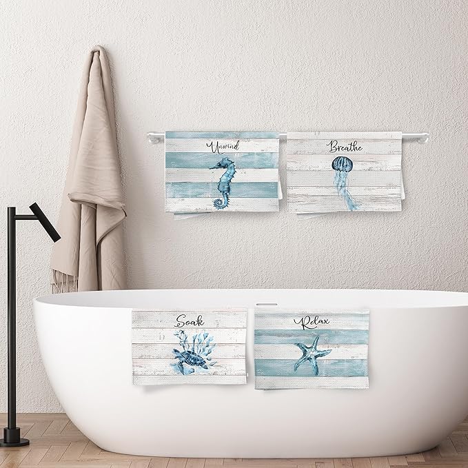 Rustic Coastal Beach Hand Towels, Sea Horse Jellyfish Turtle Starfish Unwind