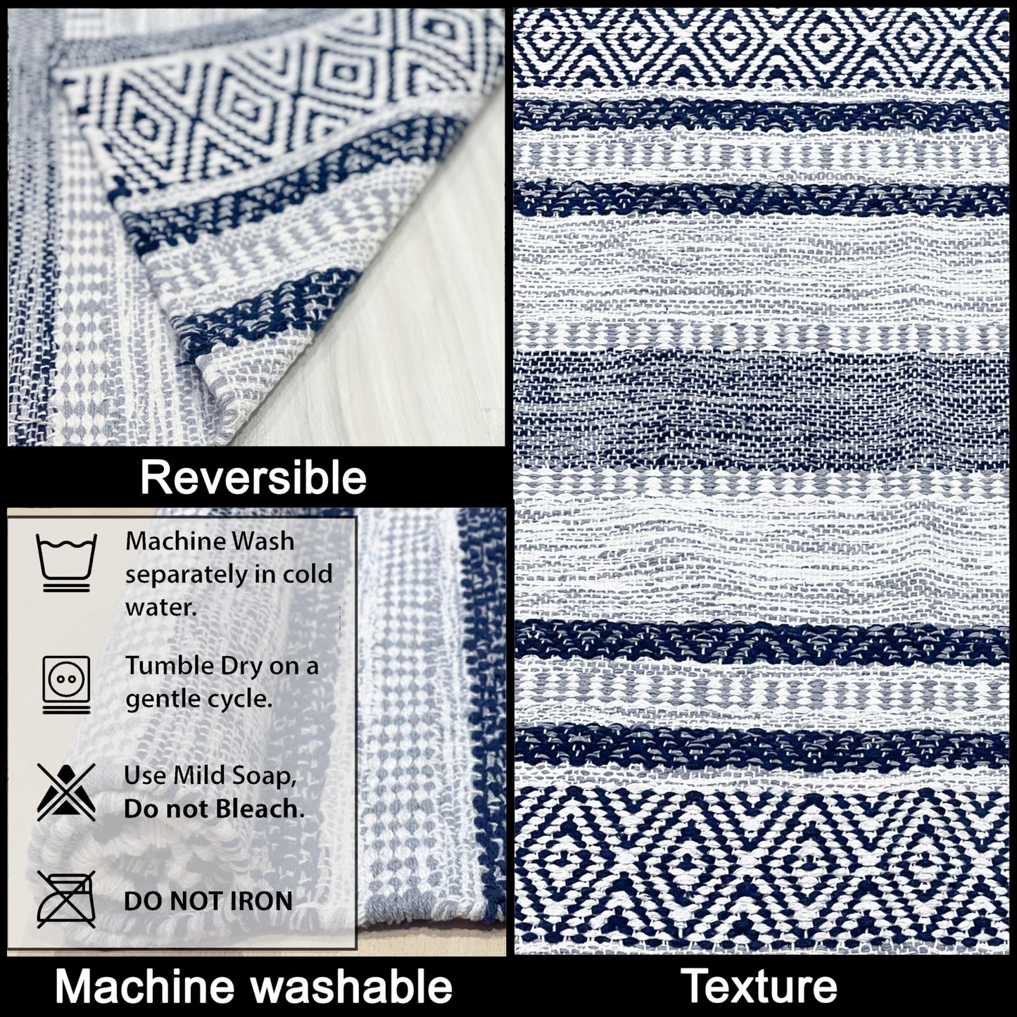 Chardin home Farmhouse Rug 24''x36'' Grey-Navy | Recycled Cotton Hand Woven Rug, Long Boho Rug | Perfect for Hallways, Kitchens, Bathroom, bedrooms, Meditation Yoga Mat | Machine Wash