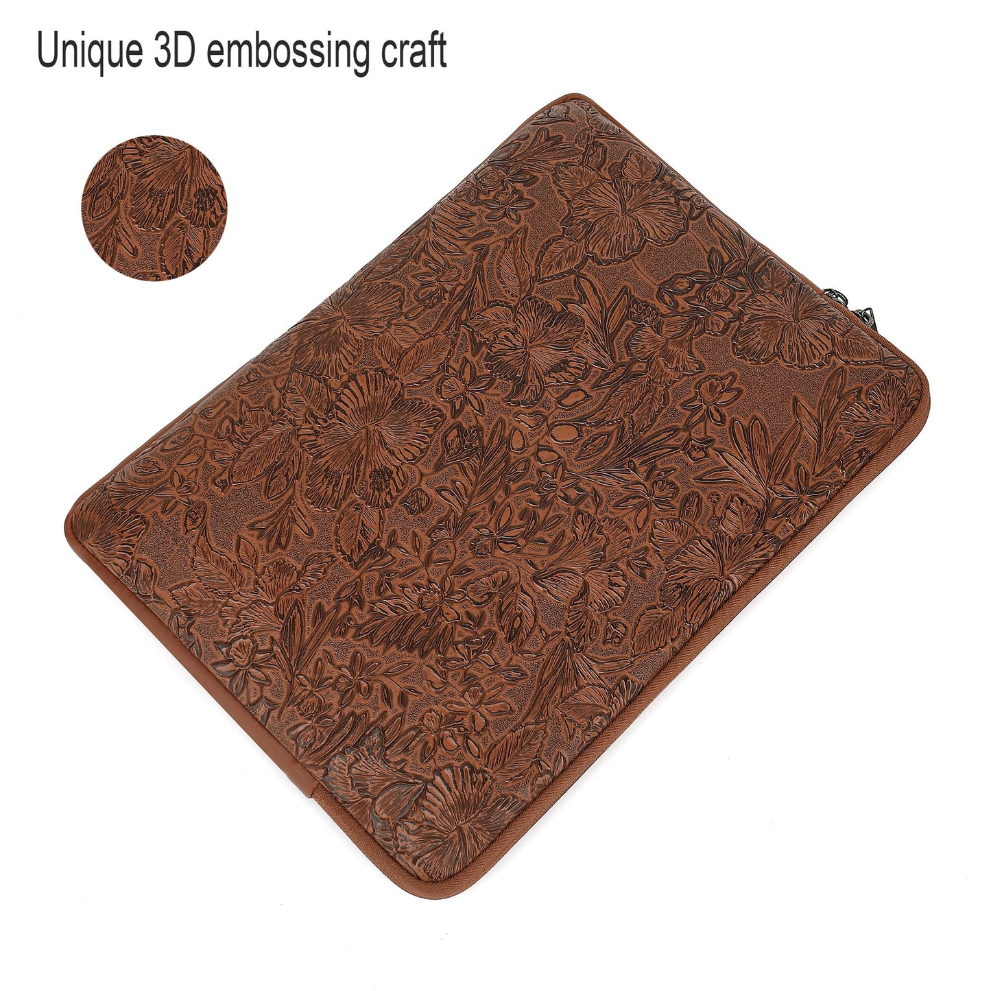Canvaslove Embossing Floral Pattern PU Leather Laptop Sleeve Case with Pocket for MacBook Air 15 inch and 15 inch-15.6 inch HP, Lenovo, Dell, ASUS, Acer Notebook Computer (Coffee)