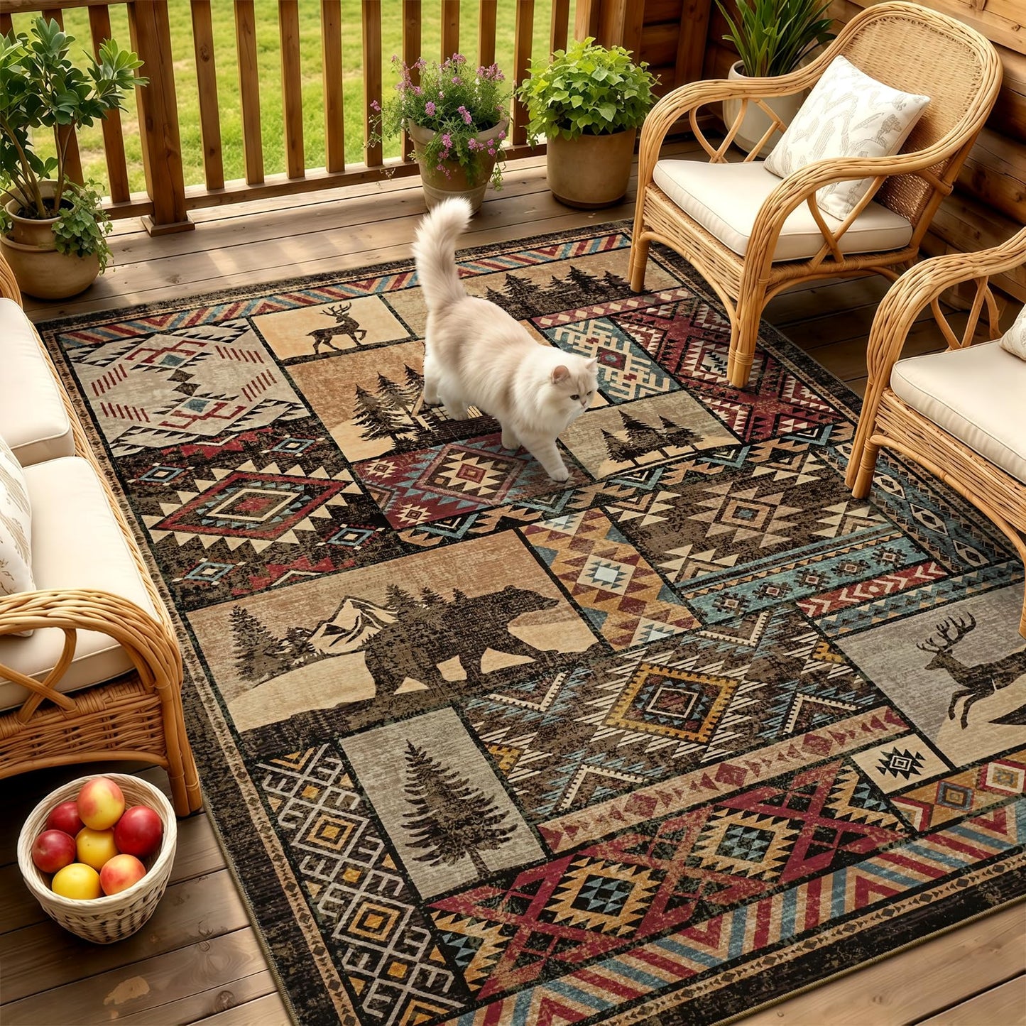 HOMORE Rustic Cabin Living Room Rugs 5x7, Washable Southwestern Area Rug Geometric Carpet with Bear Print, Western Rug for Bedroom Dining Room,Brown