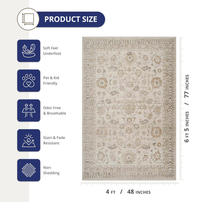 Abani Evelyn Collection Beige Area Rug - 4' x 6' - Floral Pattern, Non-Shedding - Easy to Clean, Durable for Living Rooms, Bedrooms & Offices, Pet & Kid Friendly