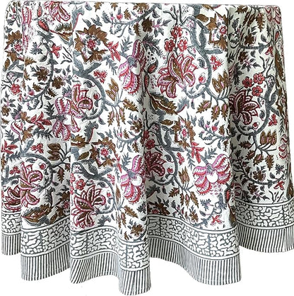 ATOSII Eden Multicolor 100% Cotton Round Tablecloth, Handblock Print Floral Table Cloth for Kitchen Dining Linen I Parties, Weddings, Outdoors, Holidays I Fall Home Decor 90" Inches Round