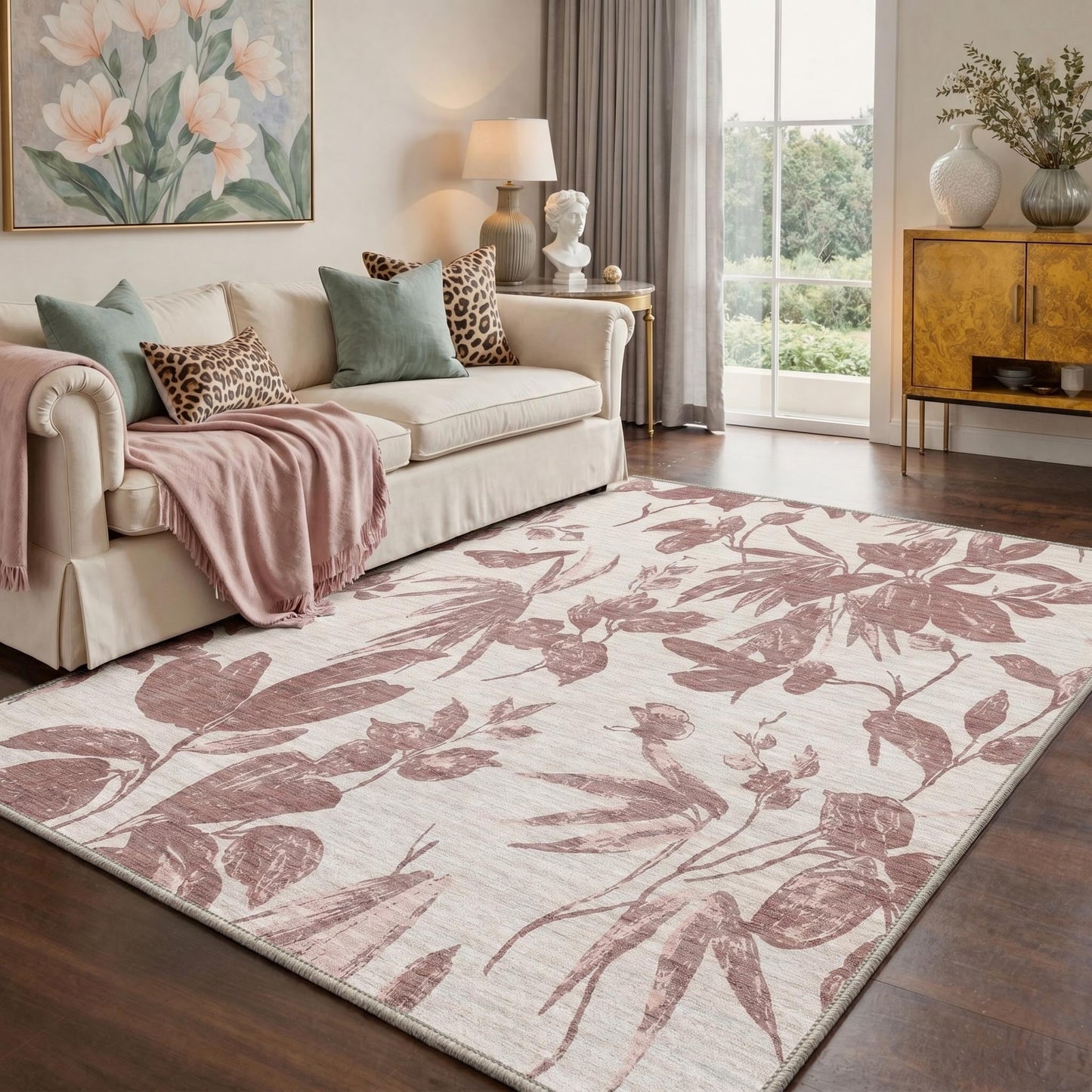 GENIMO 2X5 Hallway Runner, Machine Washable Non Slip Low Pile Soft Rugs, Modern Botanical Botanical Leaves Carpet for Entryway, Kitchen, Dusty Rose
