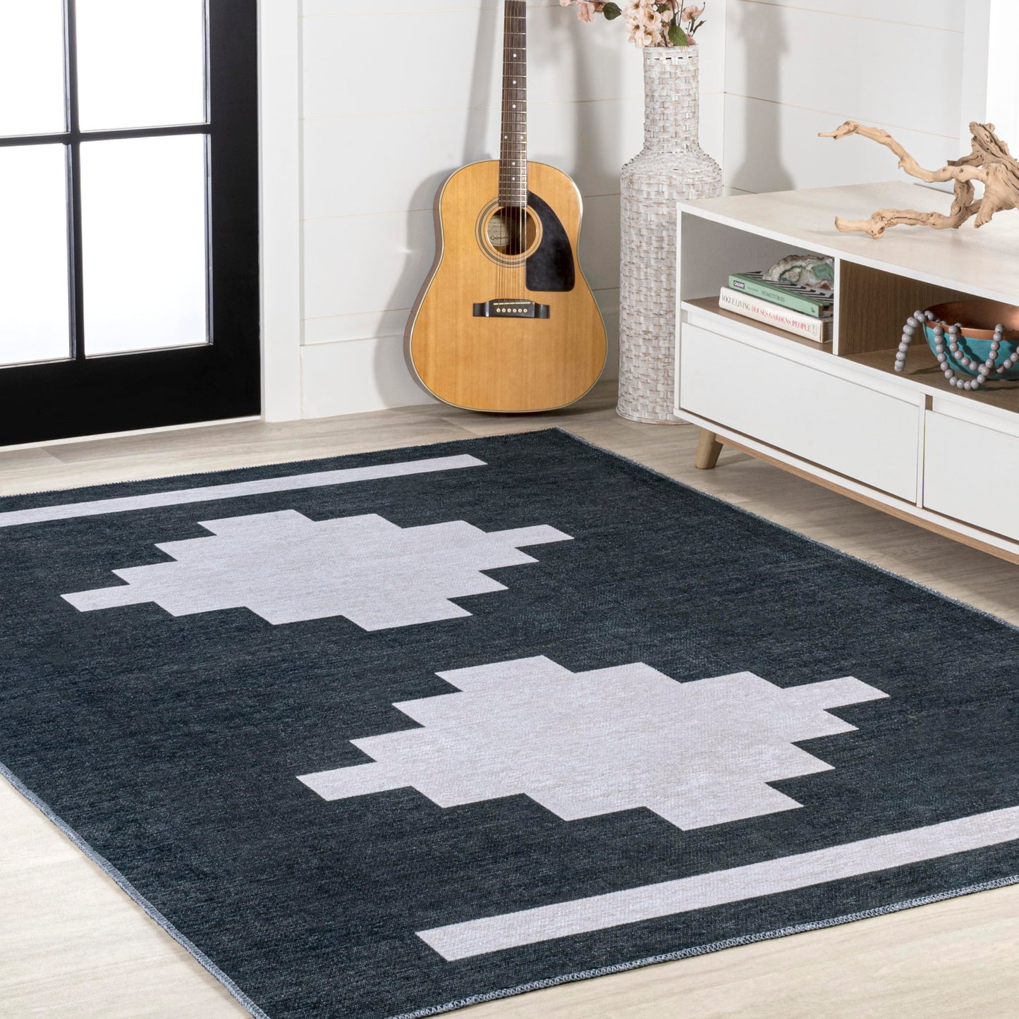 JONATHAN Y Machine Washable Indoor Area Rug 4X6 Navy/Light Gray, Adriel Geometric Medallion for Living Room, Bedroom, Kitchen, Office, Easy-Cleaning, Pet-Friendly, Non-Shedding WSH111B-4
