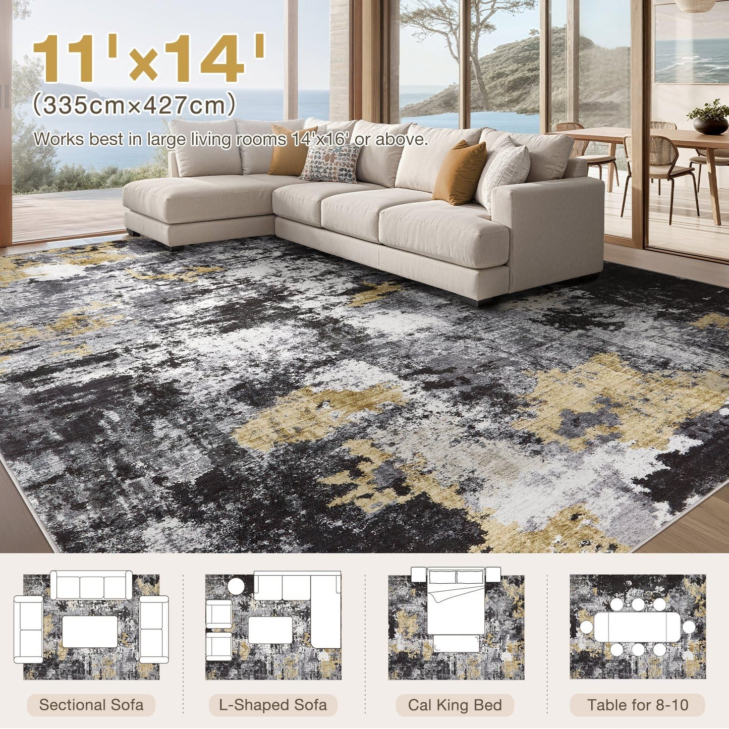 TARANCH Abstract 11x14 Area Rug: Machine Washable Non Slip Ultra Thin Low-Pile Carpet, Soft Stain Resistant for Living Dining Room Bedroom, Kid Pet Friendly, Robot Vacuum Compatible - Black Gold