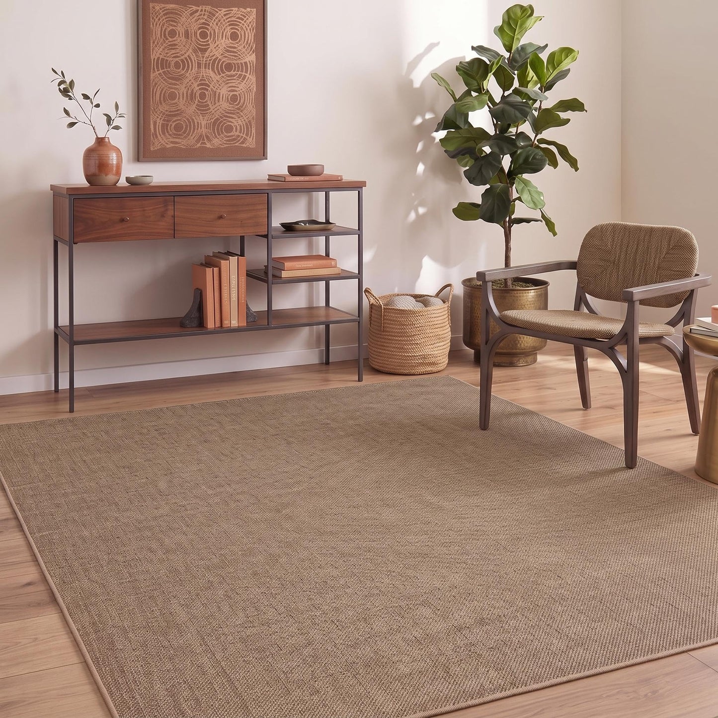 GarveeHome Easy Jute Rug 8x10 Washable Living Room Rugs Non Slip Stain Resistant Modern Neutral Dining Room Throw Carpets Solid Tan Contemporary Area Rugs for Kitchen Bedroom Nursery, Brown