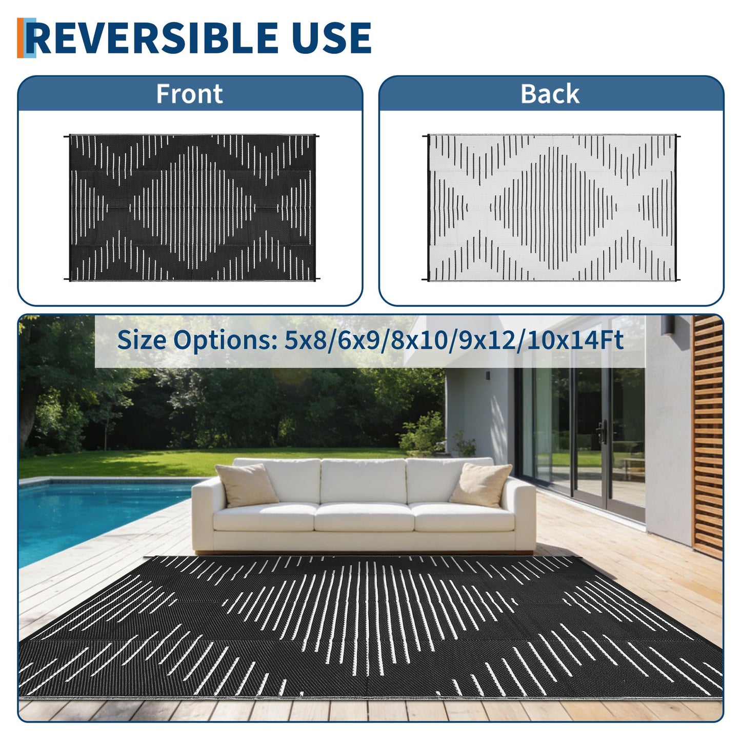 Garvee Waterproof Outdoor Rug 5x8 Rug Plastic Reversible Area Rugs Indoor Outdoor Carpet for Patio RV Porch Balcony Backyard Picnic Black White