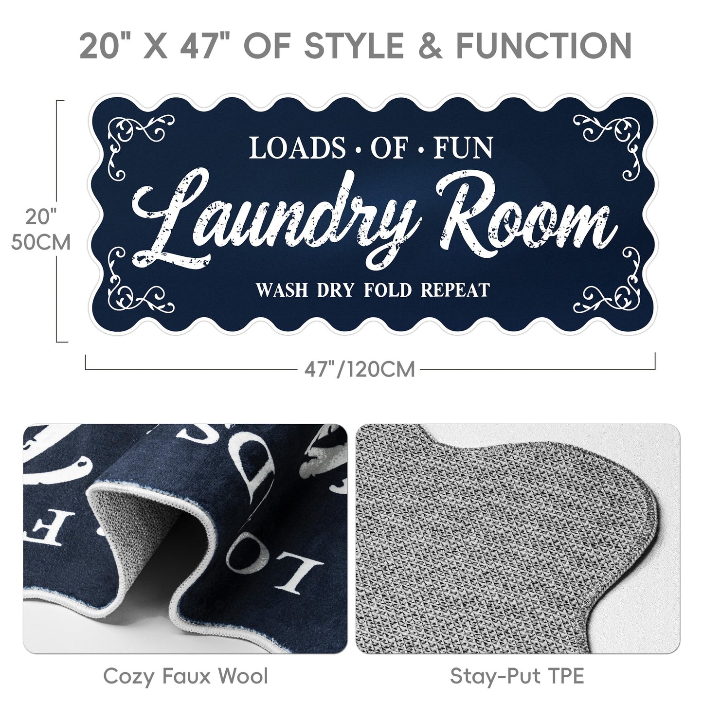 Laundry Runner Rug 20″x47″, Dark Blue Scalloped Non-Slip Washable Laundry Mat with TPE Backing – Soft Cushioned for Laundry Room Organization & Farmhouse Decor, Ideal for Kitchen, Mudroom & Bathroom