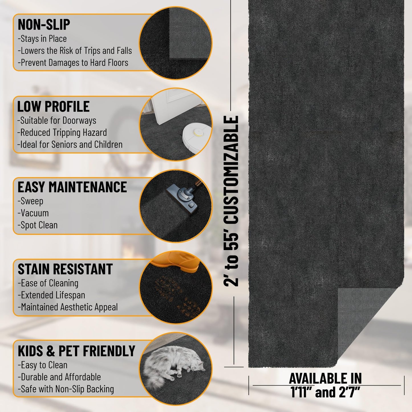Ottomanson Shag Aisle Runner Rug 2'7" x 22' – Soft Non-Slip Plush Rug, Dense Pile Carpet for Hallways, Events, Churches & Extra-Long Indoor Spaces, Charcoal