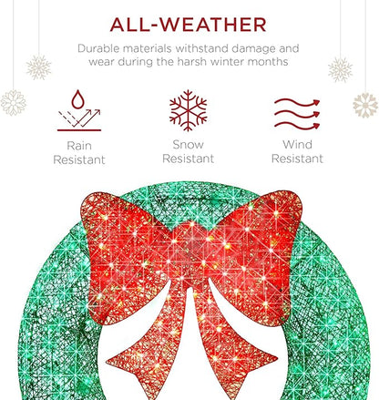 Best Choice Products 48in Pre-Lit Outdoor Christmas Wreath Decoration, LED Metal Holiday Decor for Home w/ 140 Lights, Bow - Green/Red