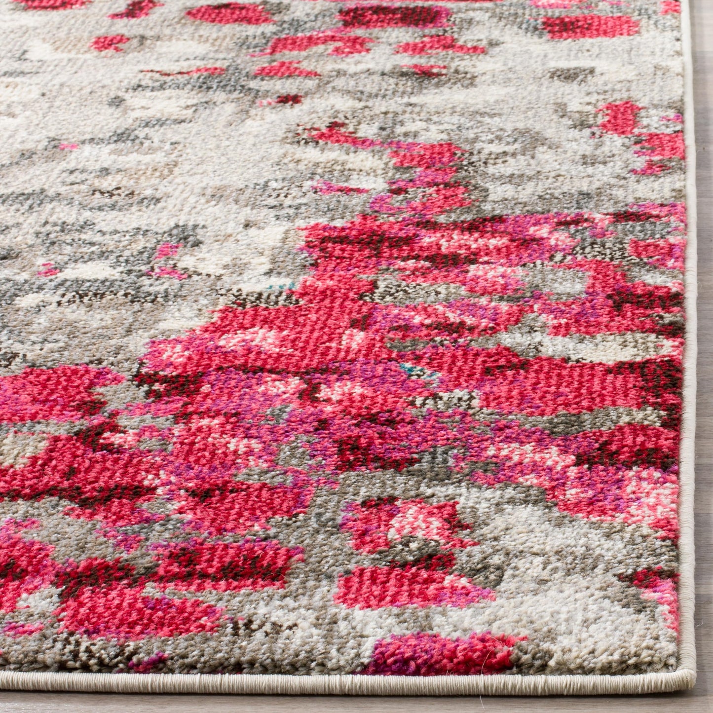 SAFAVIEH Monaco Collection Area Rug - 6'7" x 9'2", Grey & Fuchsia, Boho Chic Abstract Watercolor Design, Non-Shedding & Easy Care, Ideal for High Traffic Areas in Living Room, Bedroom (MNC225R)
