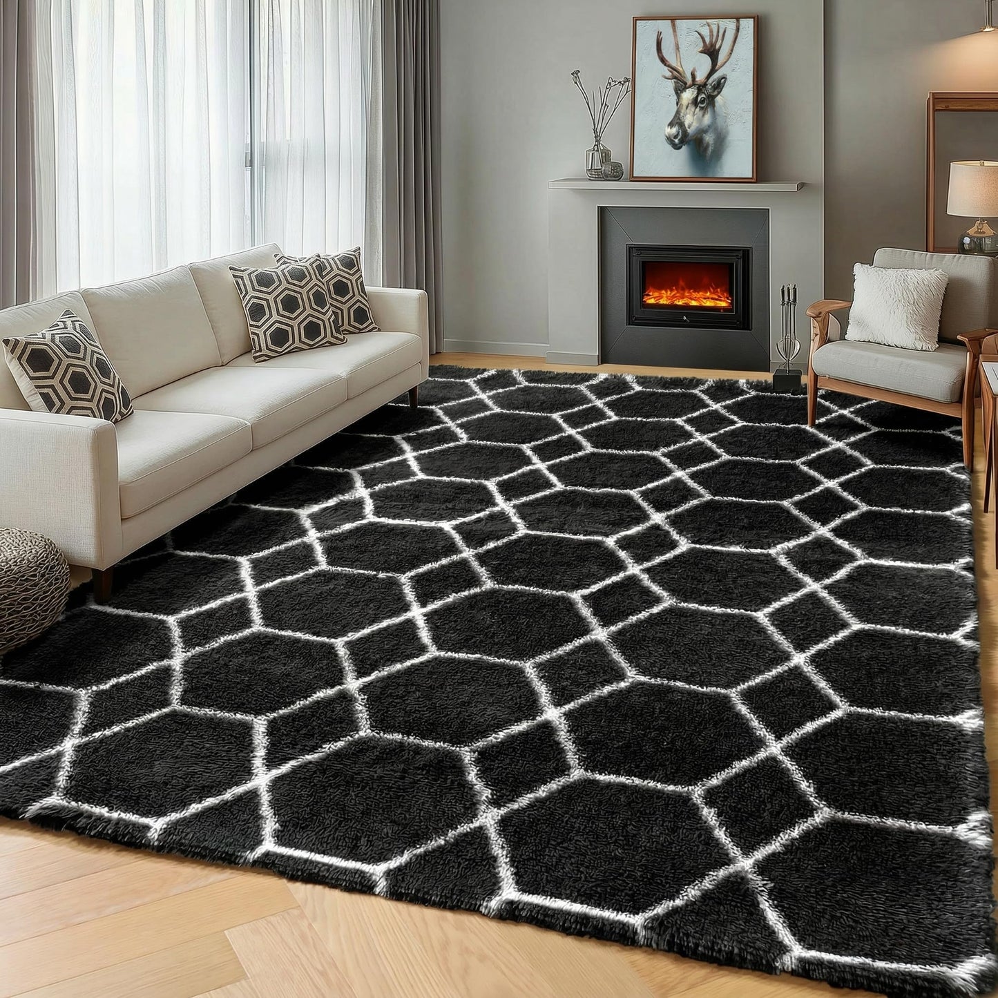 ONASAR Area Rugs for Bedroom Living Room, Fluffy 4x6 Black and White Rug, Geometric Shaggy Plush Bedside Indoor Floor Carpet for Nursery Kids Teens Girls Boys Dorm Home Office Decor
