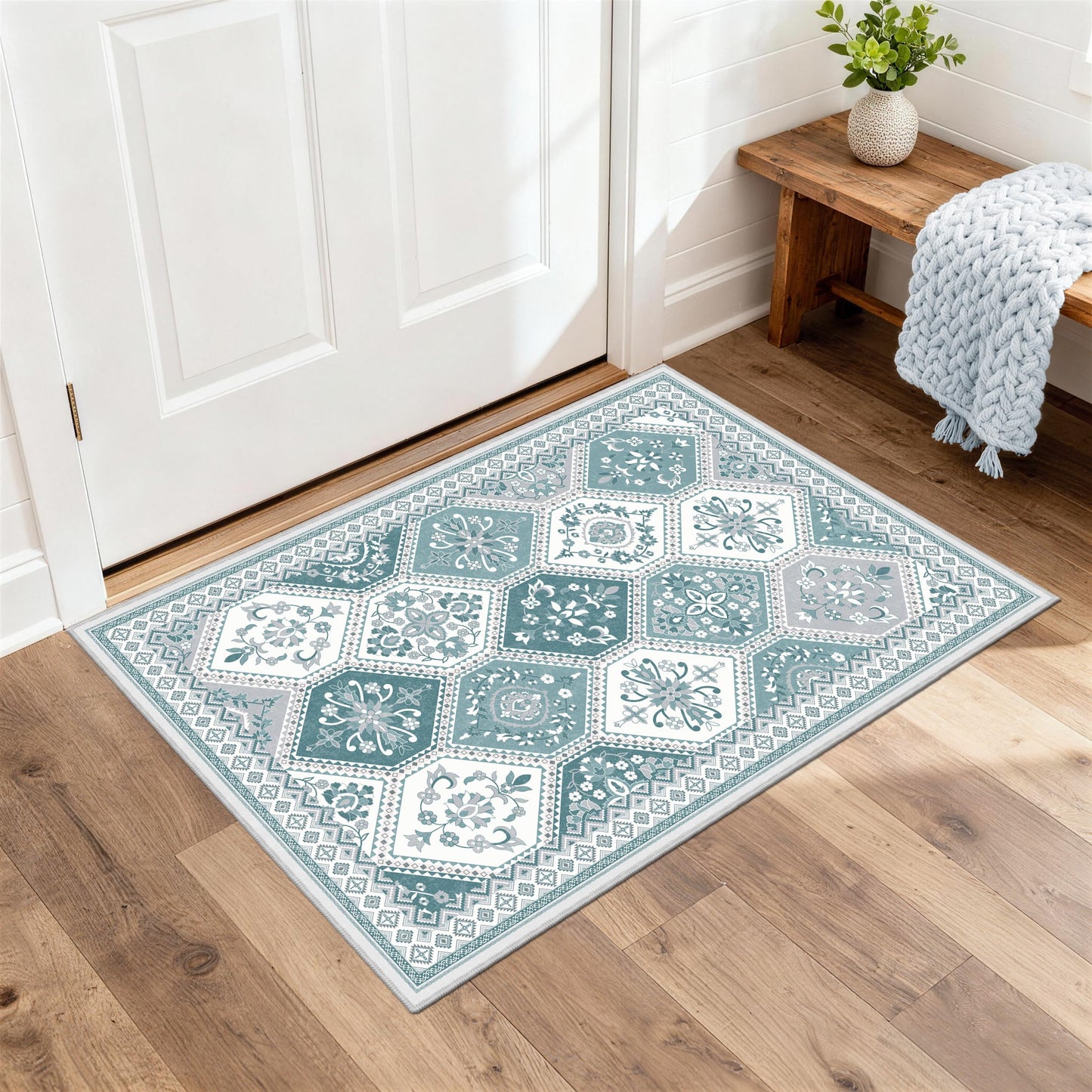 TTelephant 2x3 Washable Entryway Rugs, Soft Non-Slip Boho Moroccan Rug, Low-Pile Printed Indoor Teal Throw Rugs for Entrance, Kitchen, Bedroom Bedside- Teal