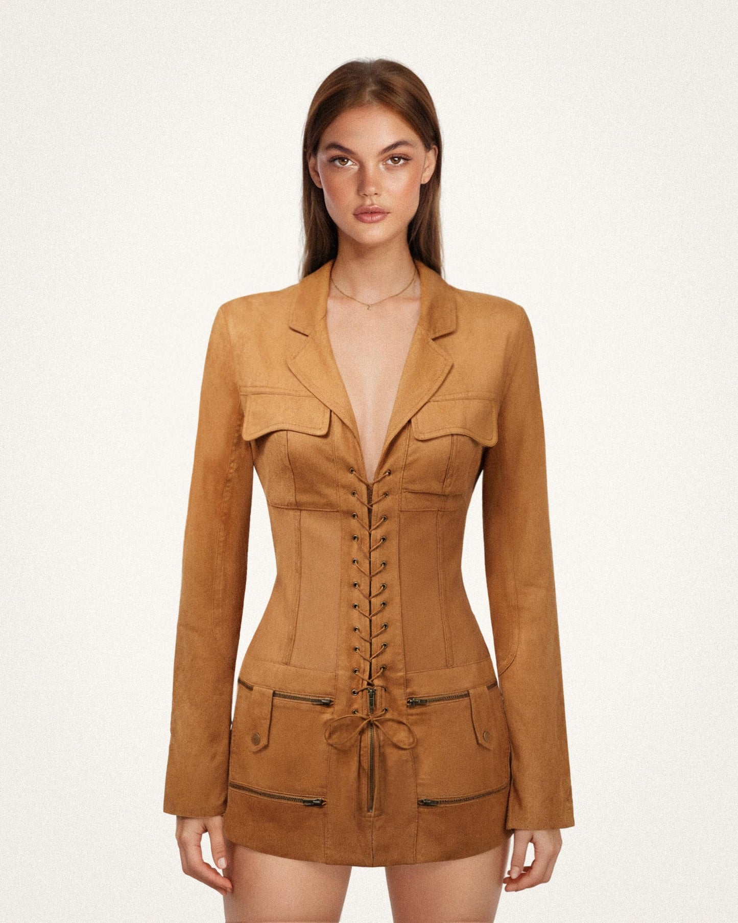 JW PEI Women's Faux Suede Corset Jacket Mini Dress - Camel