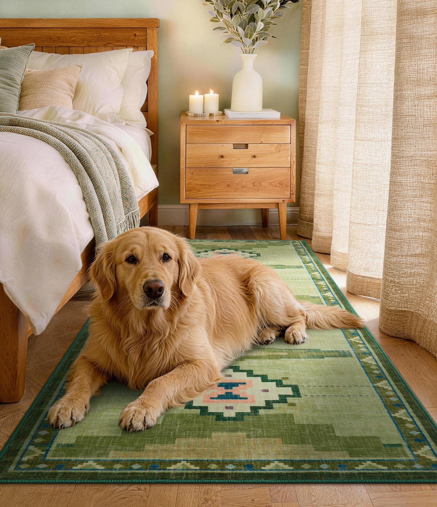 Green Hallway Runner Rug 2x6 Non-Slip, Washable Mid Century Modern Entryway Rug, Low Pile Runner Rug for Kitchen, Bedroom, Laundry Room